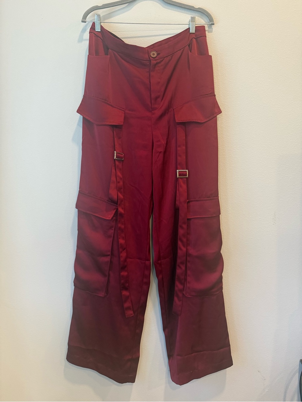 Red Satin Cargo Trousers with Utility Straps